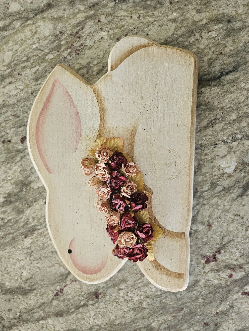 Handcrafted Bunny Wood Wall Decor with Pink and Burgundy Floral Crown